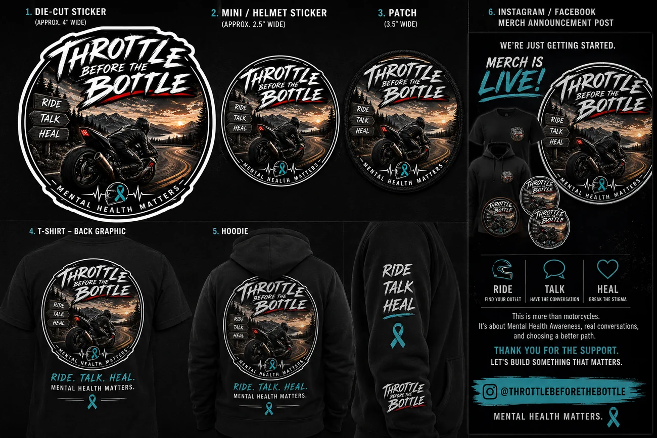 Throttle Before the Bottle stickers, patch, shirt and hoodie concepts