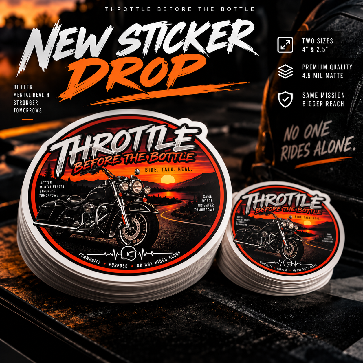 The new Throttle Before the Bottle sunset cruiser sticker artwork in 4-inch and 2.5-inch sizes